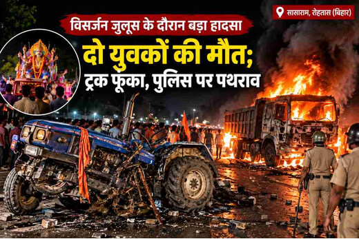 सासाराम में विसर्जन जुलूस के दौरान बड़ा हादसा, दो युवकों की मौत; ट्रक फूंका, पुलिस पर पथराव