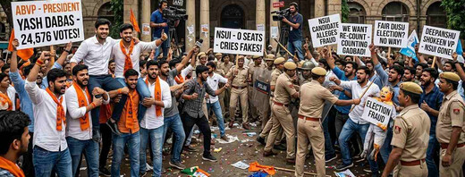 DUSU Election : ABVP की बड़ी जीत के बीच DU में बवाल, कैंपस में भारी विरोध प्रदर्शन