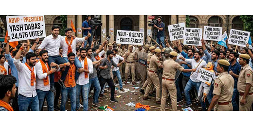 DUSU Election : ABVP की बड़ी जीत के बीच DU में बवाल, कैंपस में भारी विरोध प्रदर्शन