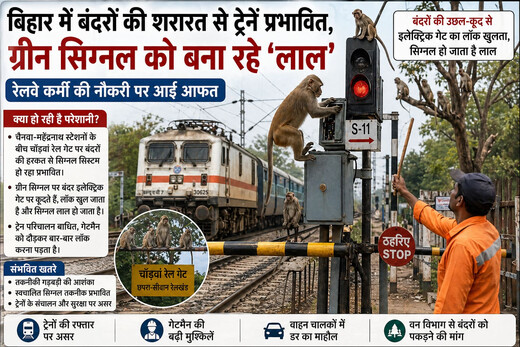 रेल गेट पर बंदरों का आतंक: सिग्नल सिस्टम से छेड़छाड़, गेटमैन की बढ़ी मुश्किलें