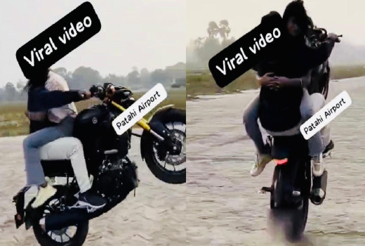 पिस्टल के साथ ट्रेन के गेट पर लटकती युवती, युवक के बाइक के टैंक पर बैठी कर रही स्टंट 