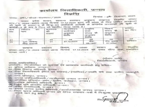 उत्तरप्रदेश में 27 दिसंबर को सार्वजनिक अवकाश, जिलाधिकारी ने जारी किया आदेश 