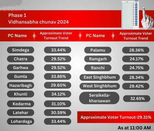सुबह 11 बजे तक 29.31% हुआ मतदान, खूंटी में सबसे ज्यादा 34%, राजधानी राँची सबसे पीछे